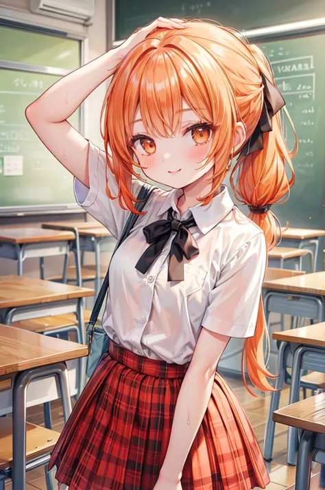 masterpiece, best quality,
 1girl, summer , plaid skirt, orange hair, ponytail, smile, from front,
 wet body, classroom,