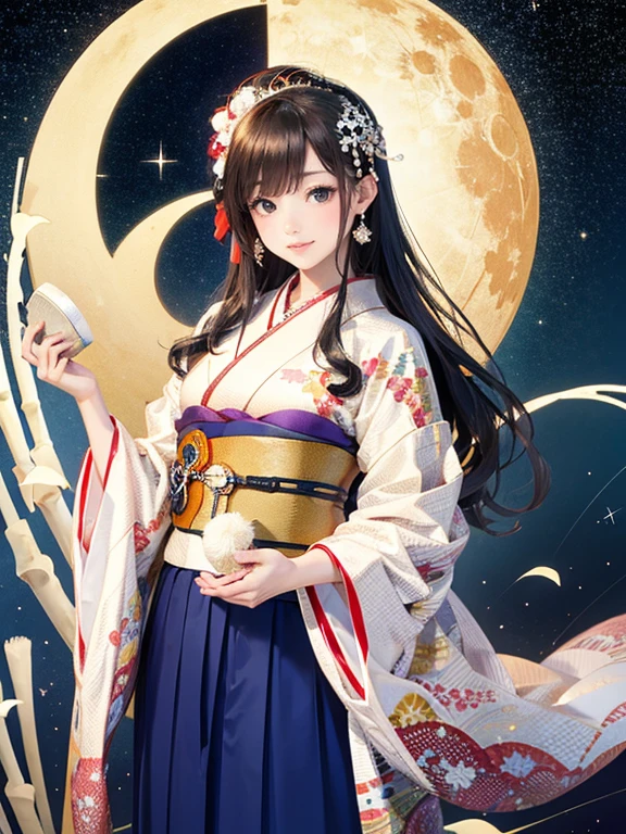 (Highest quality、 8k wallpaper、masterpiece、High resolution)、Vibrant colors、The Tale of the Bamboo Cutter、The Tale of Princess Kaguya、Elegant and beautiful woman with long black hair、A kind look、Smile on the lips、Traditional costumes of Japan、12 Single layer costume、whole body、Detailed Background、(Moso bamboo, starry sky and full moon)、Detailed digital art、