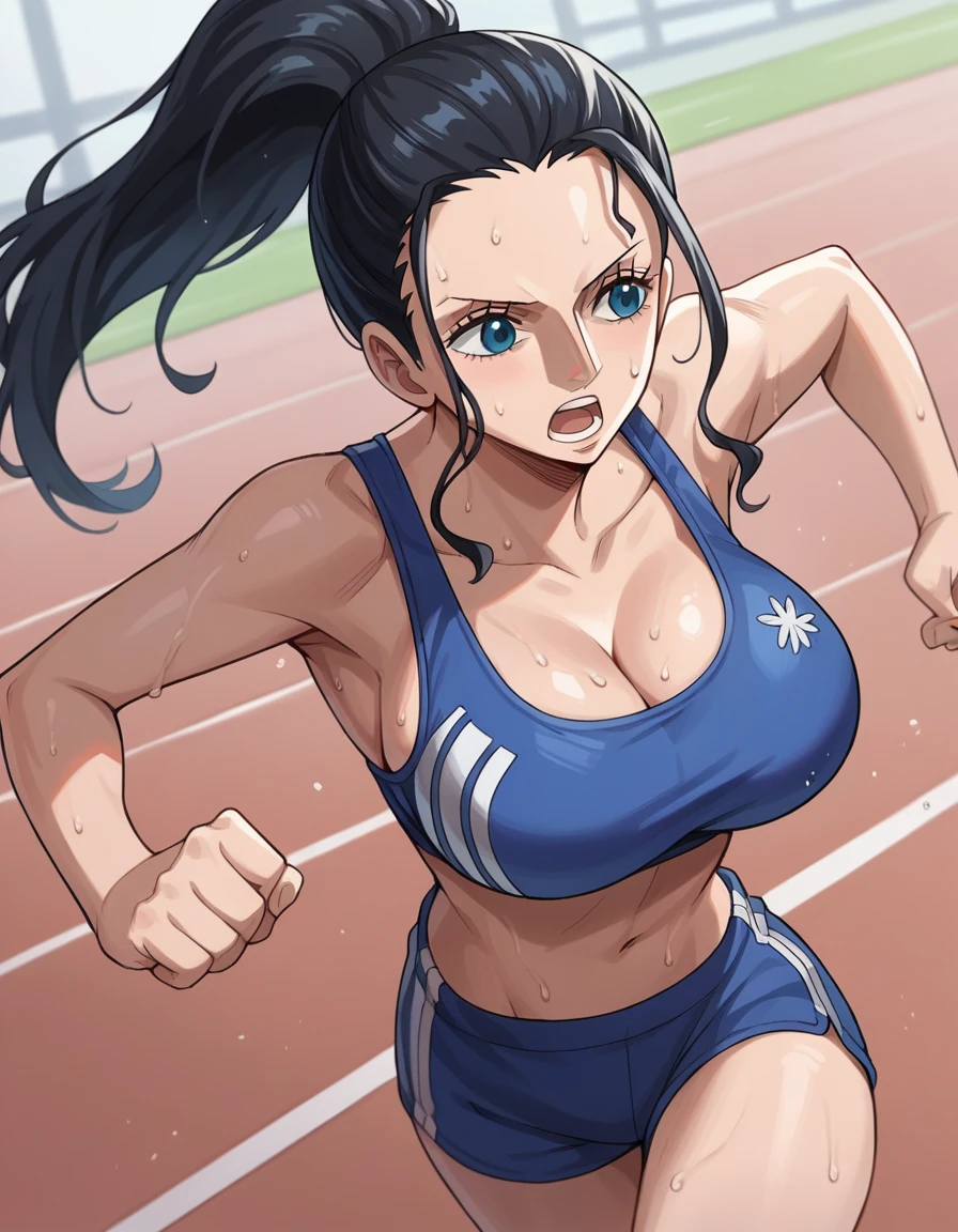 score_9, score_8_up, score_7_up, best quality, source_anime, clear face, 1girl, Nico Robin, black hair, long hair, blue eyes, large breasts, sports bra, running, sweaty, gym, open mouth, ponytail, dynamic angle