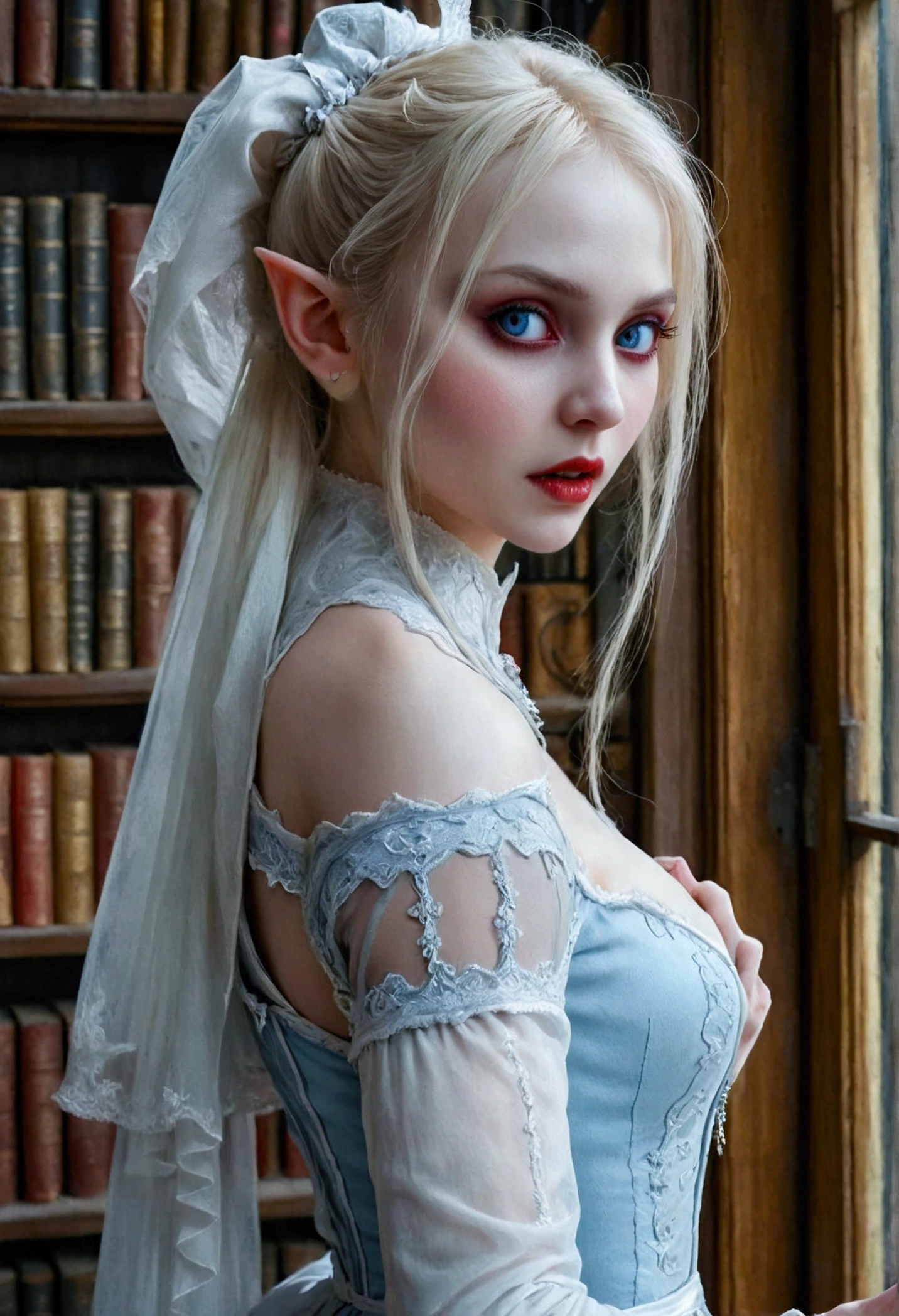 arafed a picture of elf vampire in her castle. an exquisite beautiful female elf vampire (ultra details, Masterpiece, best quality), bloody mouth blond hair, pale skin, hair in a ponytail, long hair, blue eyes, small pointed ears, cold eyes, smirking, wearing white dress (ultra details, Masterpiece, best quality), red cloak, in dark fantasy library, book shelves, arafed high details, best quality, 16k, [ultra detailed], masterpiece, best quality, (ultra detailed), full body, ultra wide shot, photorealism, RAW, dark fantasy art, gothic art, ArmoredDress, Dark Novel, Dark Art Painting Style, dripping blood, goth person