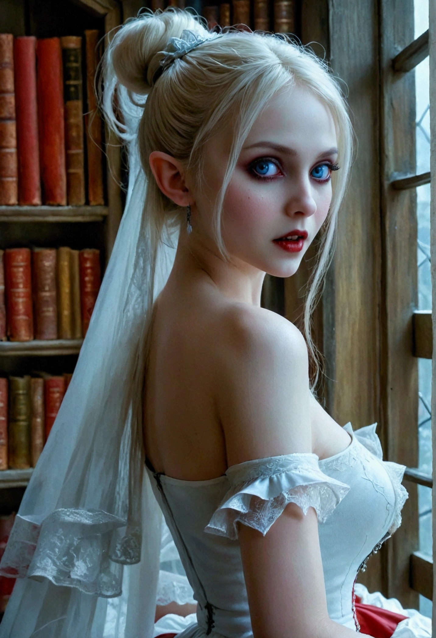 arafed a picture of elf vampire in her castle. an exquisite beautiful female elf vampire (ultra details, Masterpiece, best quality), bloody mouth blond hair, pale skin, hair in a ponytail, long hair, blue eyes, small pointed ears, cold eyes, smirking, wearing white dress (ultra details, Masterpiece, best quality), red cloak, in dark fantasy library, book shelves, arafed high details, best quality, 16k, [ultra detailed], masterpiece, best quality, (ultra detailed), full body, ultra wide shot, photorealism, RAW, dark fantasy art, gothic art, ArmoredDress, Dark Novel, Dark Art Painting Style, dripping blood, goth person