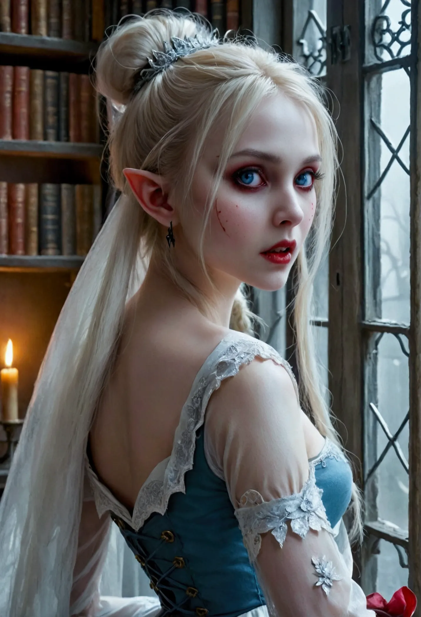 arafed a picture of elf vampire in her castle. an exquisite beautiful female elf vampire (ultra details, masterpiece, best quali...