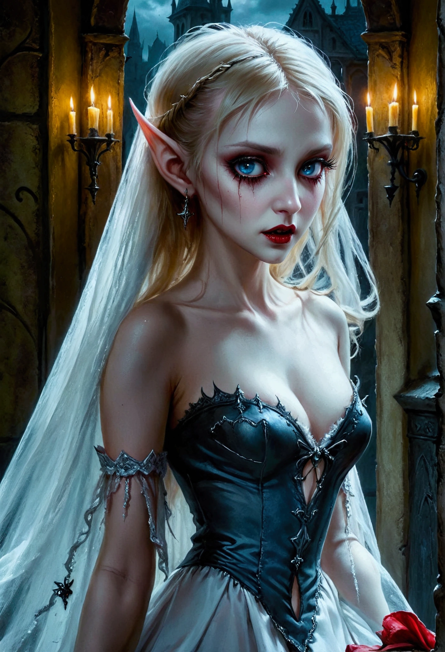 arafed a picture of elf vampire in her castle. an exquisite beautiful female elf vampire (ultra details, Masterpiece, best quality), bloody mouth blond hair, pale skin, hair in a ponytail, long hair, blue eyes, small pointed ears, cold eyes, smirking, wearing white dress (ultra details, Masterpiece, best quality), red cloak, in dark fantasy library, book shelves, arafed high details, best quality, 16k, [ultra detailed], masterpiece, best quality, (ultra detailed), full body, ultra wide shot, photorealism, RAW, dark fantasy art, gothic art, ArmoredDress, Dark Novel, Dark Art Painting Style, dripping blood, goth person