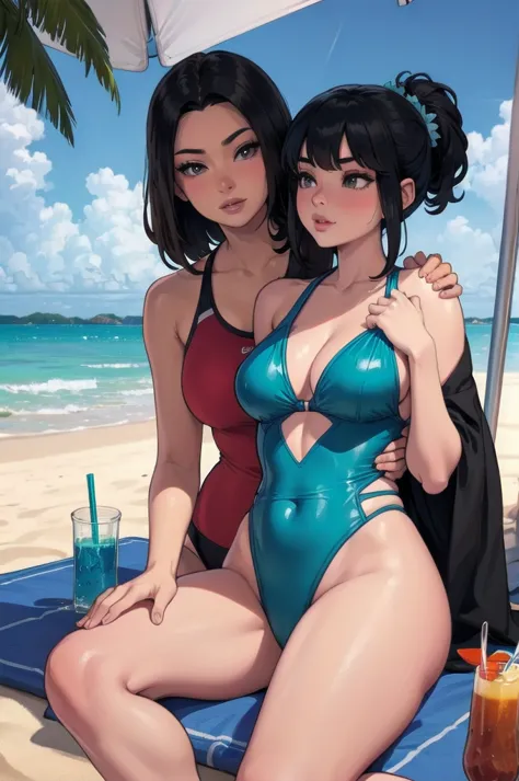 Hot friends at the beach, very diverse appearances, cute swimwear, sunny day