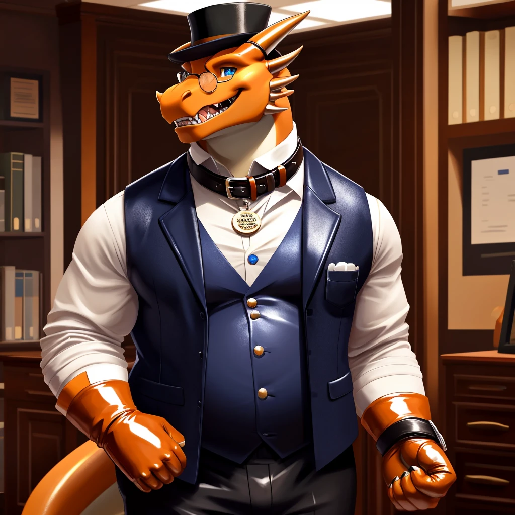 Solo, Male, fat, extremely obese, gentleman, dapper Professor Dragon, mob boss, blue eyes, (posing:1.3), (soft shading), 4k, hi res, ((detailed face, detailed)), looking at viewer, mouth wide open, dapper clothing, collared shirt with buttons, bowler hat, male focus, Explorer Outfit, glasses, monocle, vest with buttons, sleeves rolled up, round eyewear, brown headwear, brown vest, office, Dragon is wearing a glossy leather dog collar around the neck, Dragon is wearing the leather collar and shirt and vest at the same time, Dragon is wearing glossy white rubber gloves on the hands, wearing white rubber gloves on the feet, gloves are rubber in texture, clenching teeth, clenching fists, leather collar is glossy and shiny with a lot of detail, Dragon is wearing gloves and leather collar at the same time, leather collar has a round dog-tag, leather collar is thick and detailed, leather collar is glossy and shiny, fancy clothing, dapper vest, dapper shirt, leather collar is thick, glossy leather collar.