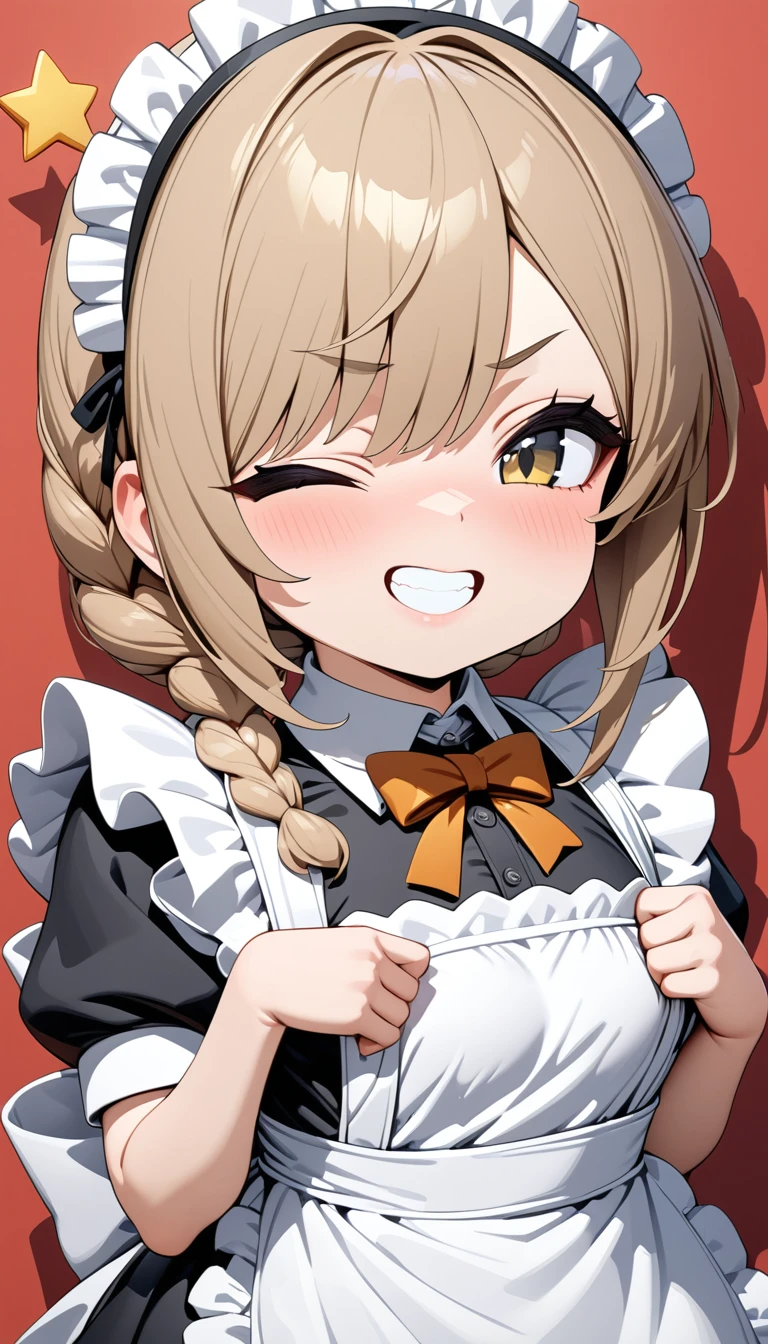 light brown hair, braid, maid headdress, one eye closed, grin, masterpiece, high details, super detail, best quality, highres, Maid girl, deformed, 2 heads, maid apron, background(star symbol, heart symbol)