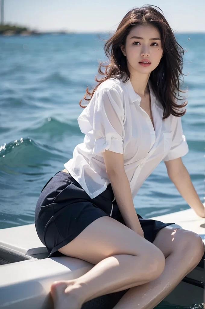 (Gray background、pubic hair、Large Breasts、((Thighs))、(((Glaring)))、Curly Hair、Disheveled Hair、Cute woman、high school girl、White shirt、Navy frill mile、Open chest shirt、A wet shirt with underwear showing through、Gazing at the sea、On the boat、Watching from behind、