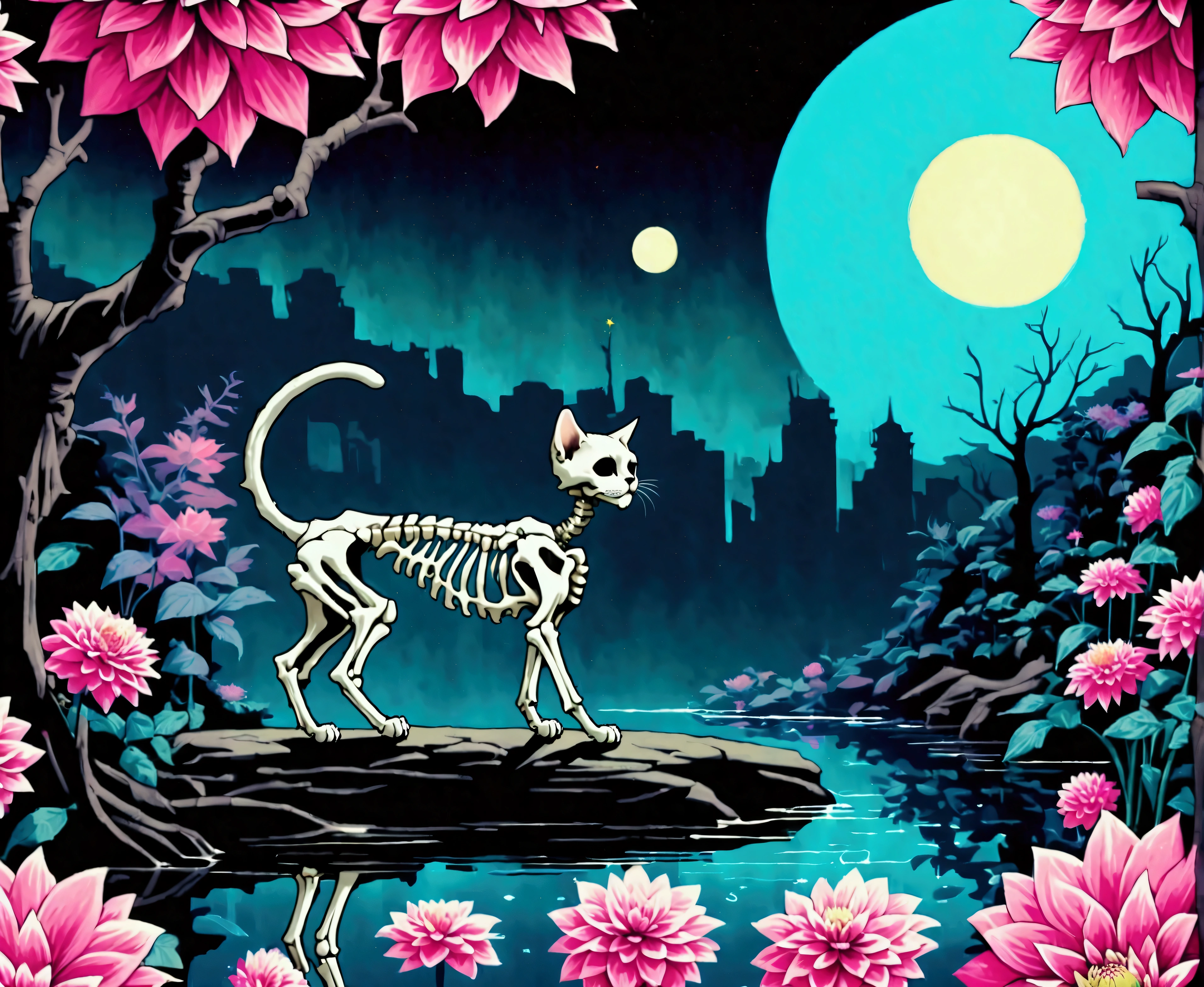 Create a vivid, detailed, dark-whimisical, digital illustration with pop-surrealist elements depicting a completely (Skeletal cat:1.5) in enchanted nocturnal forest. (Vibrant pastel color palette:1.3) with purples, pinks, and teals. (Giant full moon:1.2) illuminating scene. Bare trees frame the composition. (Lush pink dahlias:1.4) surround skeleton kitty. Ethereal (glowing particles:1.1) float throughout. Small waterfall and reflective pool in foreground.  Atmosphere evokes beautiful melancholy and magical realism. Theme: juxtaposition of life and death, nature's cycle. (Masterful use of lighting and color contrast:1.4) to create depth and otherworldly ambiance. Render with smooth gradients and intricate bone details. 
