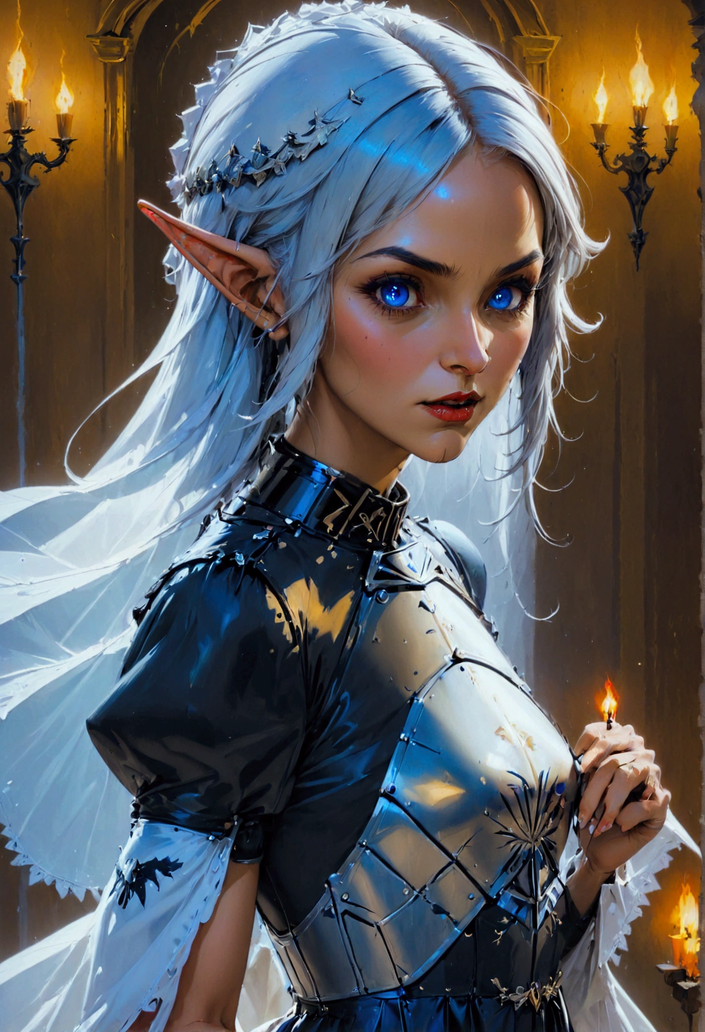 arafed a picture of elf vampire in her castle. an exquisite beautiful female elf vampire (ultra details, Masterpiece, best quality), bloody mouth, blue hair, pale skin, hair in a ponytail, long hair, blue eyes, small pointed ears, cold eyes, smirking, wearing white dress (ultra details, Masterpiece, best quality), red cloak, in dark fantasy library, book shelves, arafed high details, best quality, 16k, [ultra detailed], masterpiece, best quality, (ultra detailed), full body, ultra wide shot, photorealism, RAW, dark fantasy art, gothic art, ArmoredDress, Dark Novel, Dark Art Painting Style, dripping blood, goth person