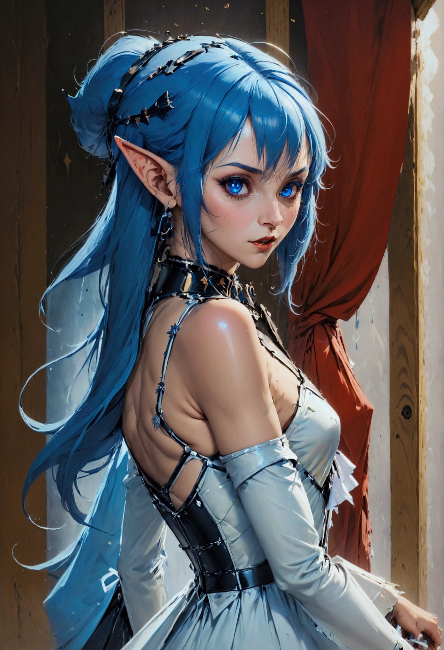 arafed a picture of elf vampire in her castle. an exquisite beautiful female elf vampire (ultra details, Masterpiece, best quality), bloody mouth, blue hair, pale skin, hair in a ponytail, long hair, blue eyes, small pointed ears, cold eyes, smirking, wearing white dress (ultra details, Masterpiece, best quality), red cloak, in dark fantasy library, book shelves, arafed high details, best quality, 16k, [ultra detailed], masterpiece, best quality, (ultra detailed), full body, ultra wide shot, photorealism, RAW, dark fantasy art, gothic art, ArmoredDress, Dark Novel, Dark Art Painting Style, dripping blood, goth person