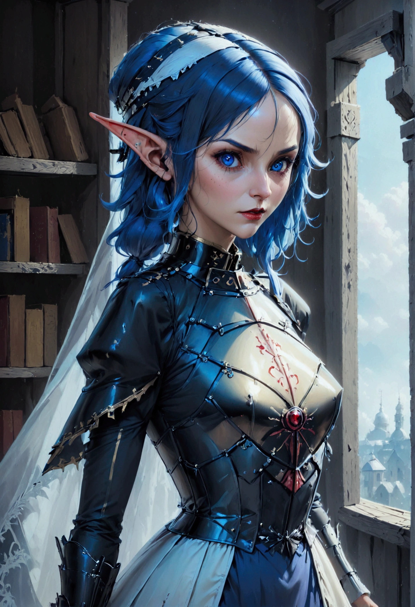 arafed a picture of elf vampire in her castle. an exquisite beautiful female elf vampire (ultra details, Masterpiece, best quality), bloody mouth, blue hair, pale skin, hair in a ponytail, long hair, blue eyes, small pointed ears, cold eyes, smirking, wearing white dress (ultra details, Masterpiece, best quality), red cloak, in dark fantasy library, book shelves, arafed high details, best quality, 16k, [ultra detailed], masterpiece, best quality, (ultra detailed), full body, ultra wide shot, photorealism, RAW, dark fantasy art, gothic art, ArmoredDress, Dark Novel, Dark Art Painting Style, dripping blood, goth person