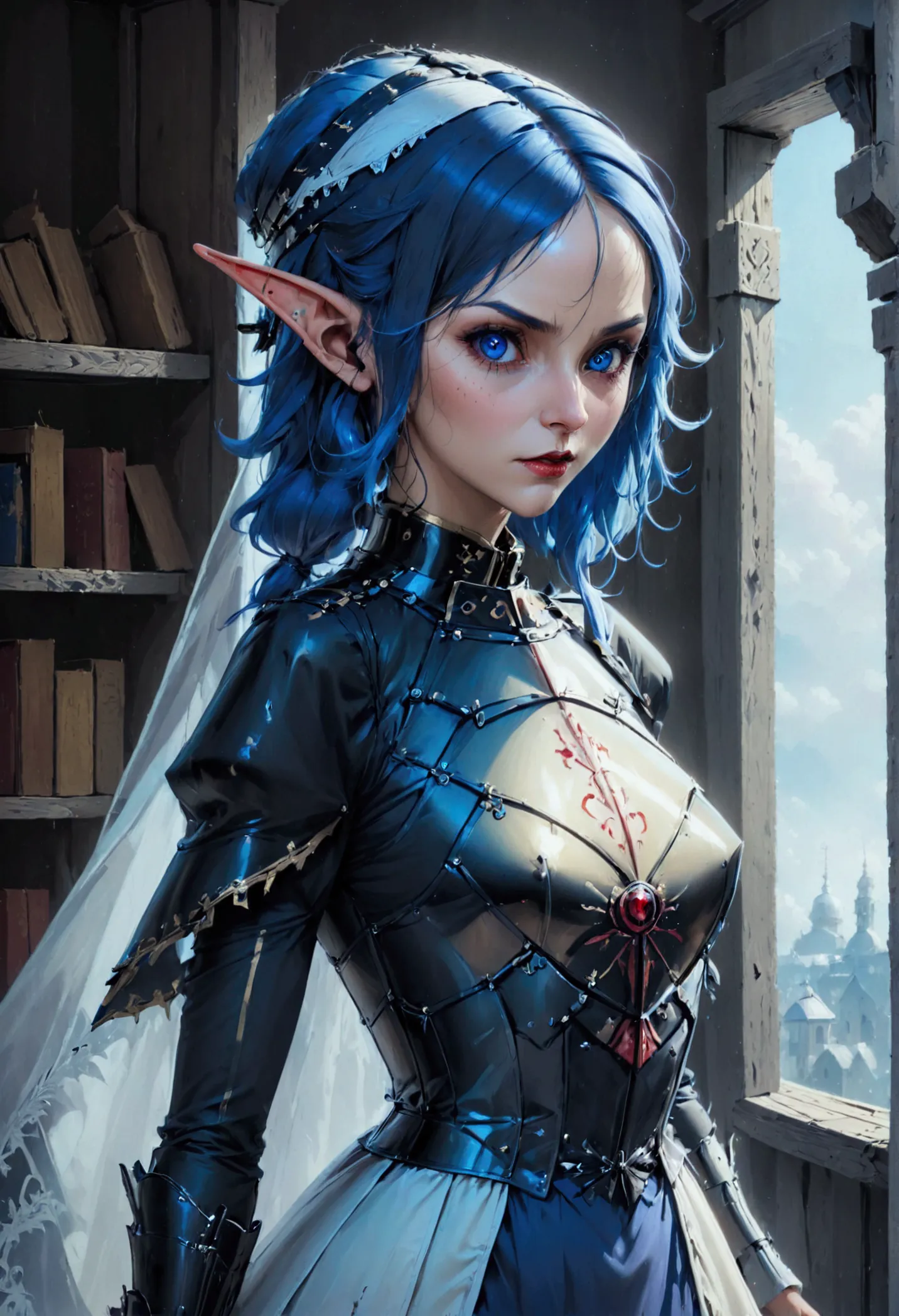 arafed a picture of elf vampire in her castle. an exquisite beautiful female elf vampire (ultra details, masterpiece, best quali...