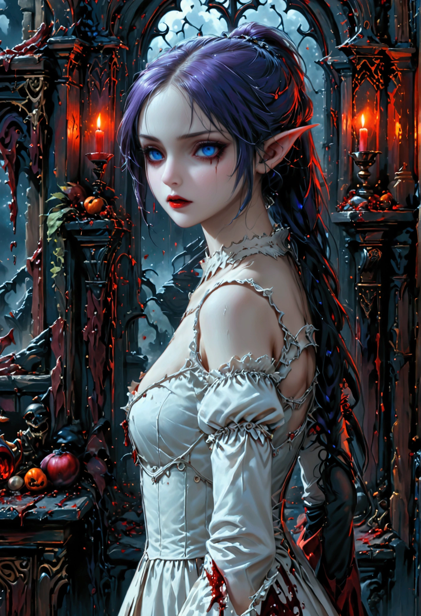 arafed a picture of elf vampire in her castle. an exquisite beautiful female elf vampire (ultra details, Masterpiece, best quality), bloody mouth, purple hair, pale skin, hair in a ponytail, long hair, blue eyes, small pointed ears, cold eyes, smirking, wearing white dress (ultra details, Masterpiece, best quality), red cloak, in dark fantasy library, book shelves, arafed high details, best quality, 16k, [ultra detailed], masterpiece, best quality, (ultra detailed), full body, ultra wide shot, photorealism, RAW, dark fantasy art, gothic art, ArmoredDress, Dark Novel, Dark Art Painting Style, dripping blood, goth person