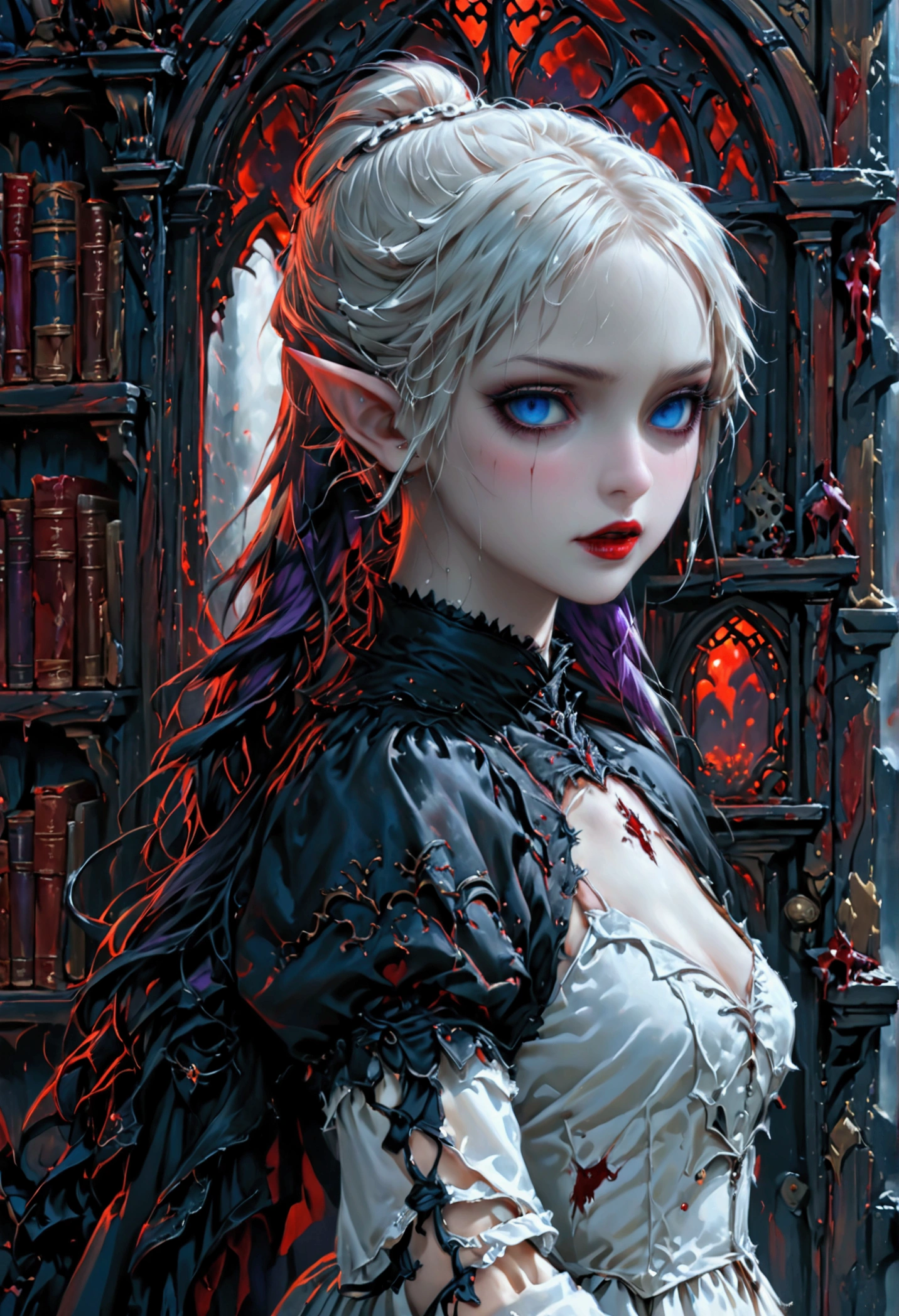 arafed a picture of elf vampire in her castle. an exquisite beautiful female elf vampire (ultra details, Masterpiece, best quality), bloody mouth, purple hair, pale skin, hair in a ponytail, long hair, blue eyes, small pointed ears, cold eyes, smirking, wearing white dress (ultra details, Masterpiece, best quality), red cloak, in dark fantasy library, book shelves, arafed high details, best quality, 16k, [ultra detailed], masterpiece, best quality, (ultra detailed), full body, ultra wide shot, photorealism, RAW, dark fantasy art, gothic art, ArmoredDress, Dark Novel, Dark Art Painting Style, dripping blood, goth person