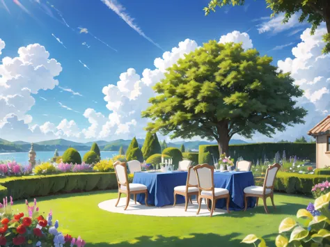 in the garden，There is a dining table.，There was a lot of food up there.，blue sky and white clouds