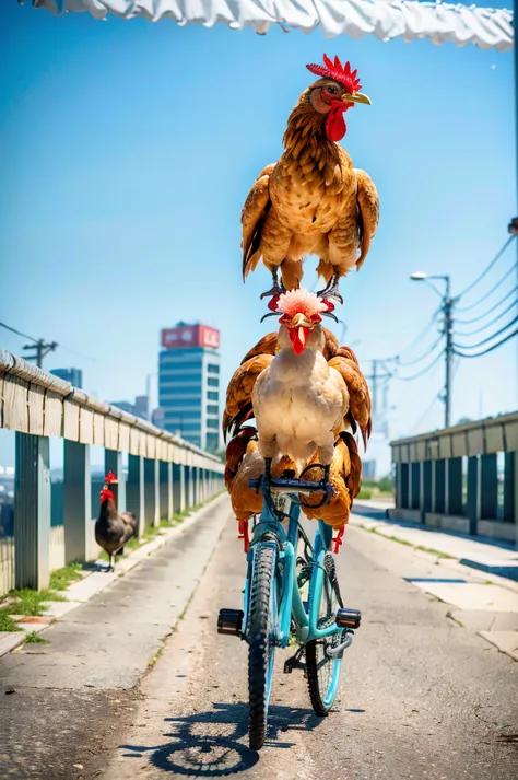 a chicken riding a bicycle, gang of chickens on bicycles, chickens in biker gang outfits, chickens with motorcycle helmets, deta...