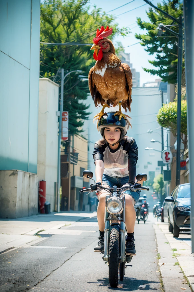 a chicken riding a bicycle, gang of chickens on bicycles, chickens in biker gang outfits, chickens with motorcycle helmets, detailed chicken biker gang, hyperrealistic chicken bikers, chickens as menacing biker gang, photorealistic chicken motorcycle gang, highly detailed chicken biker gang, 8k ultra detailed chicken biker gang, (best quality,4k,8k,highres,masterpiece:1.2),ultra-detailed,(realistic,photorealistic,photo-realistic:1.37),vivid colors,cinematic lighting,dramatic shadows,gritty urban environment