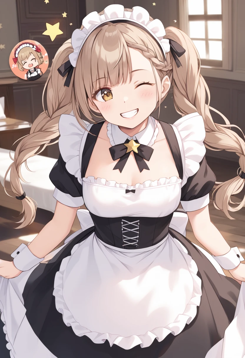 light brown hair, braid, maid headdress, one eye closed, grin, masterpiece, high details, super detail, best quality, highres, Maid girl, deformed, 2 heads, maid apron, background(star symbol, heart symbol)