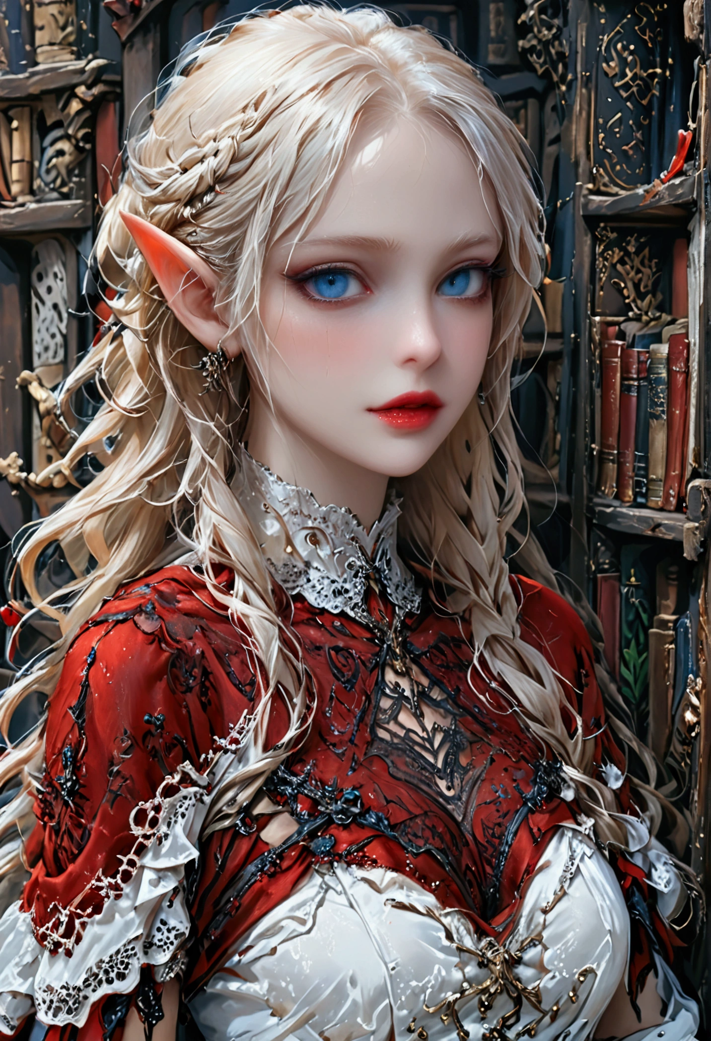 arafed a picture of elf vampire in her castle. an exquisite beautiful female elf vampire (ultra details, Masterpiece, best quality), bloody mouth blond hair, pale skin, hair in a ponytail, long hair, blue eyes, small pointed ears, cold eyes, smirking, wearing white dress (ultra details, Masterpiece, best quality), red cloak, in dark fantasy library, book shelves, arafed high details, best quality, 16k, [ultra detailed], masterpiece, best quality, (ultra detailed), full body, ultra wide shot, photorealism, RAW, dark fantasy art, gothic art, ArmoredDress, Dark Novel, Dark Art Painting Style, dripping blood, wearing Haute_Couture designer dress