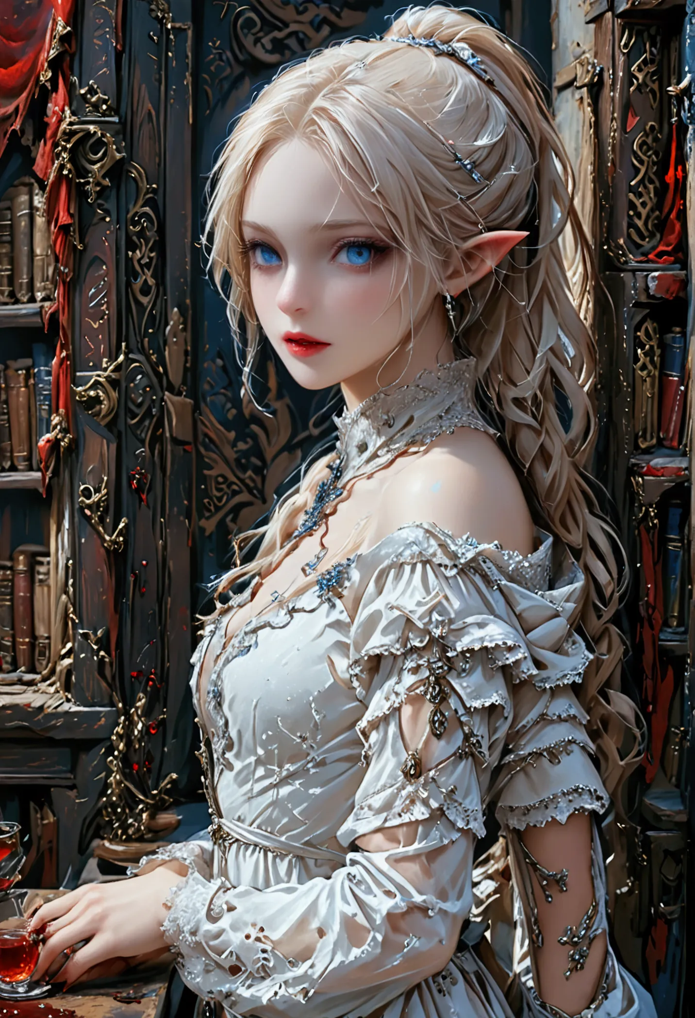 arafed a picture of elf vampire in her castle. an exquisite beautiful female elf vampire (ultra details, masterpiece, best quali...