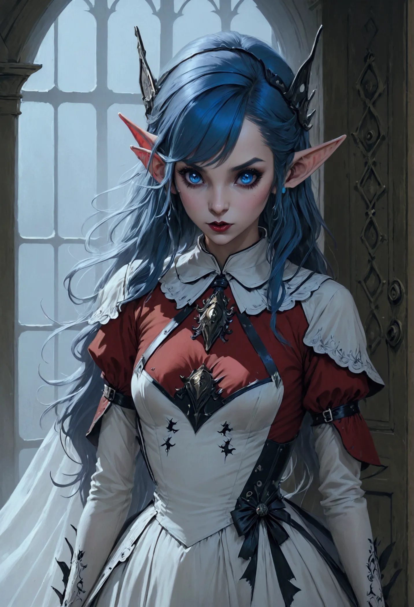 arafed a picture of elf vampire in her castle. an exquisite beautiful female elf vampire (ultra details, masterpiece, best quali...