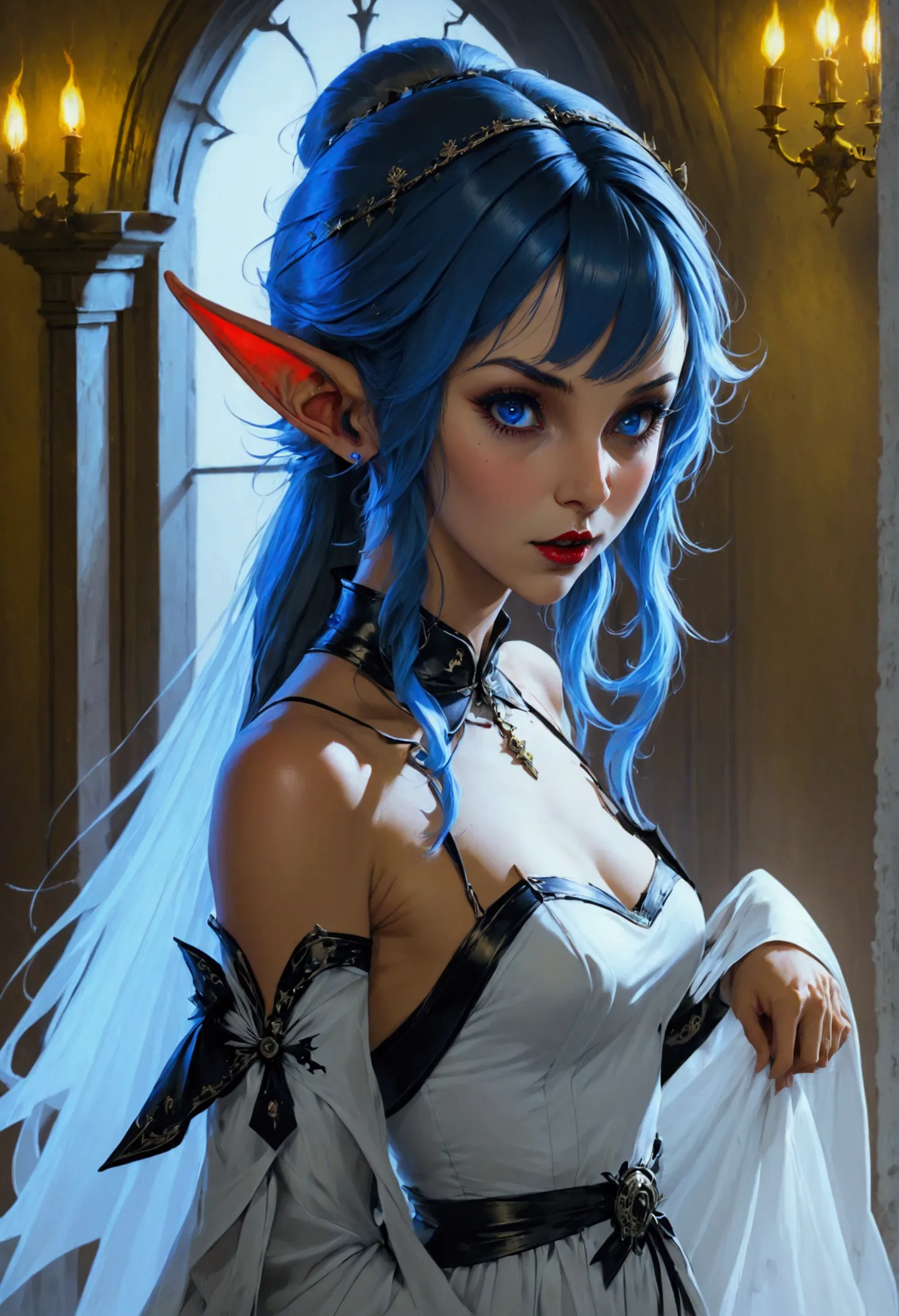 arafed a picture of elf vampire in her castle. an exquisite beautiful female elf vampire (ultra details, masterpiece, best quali...