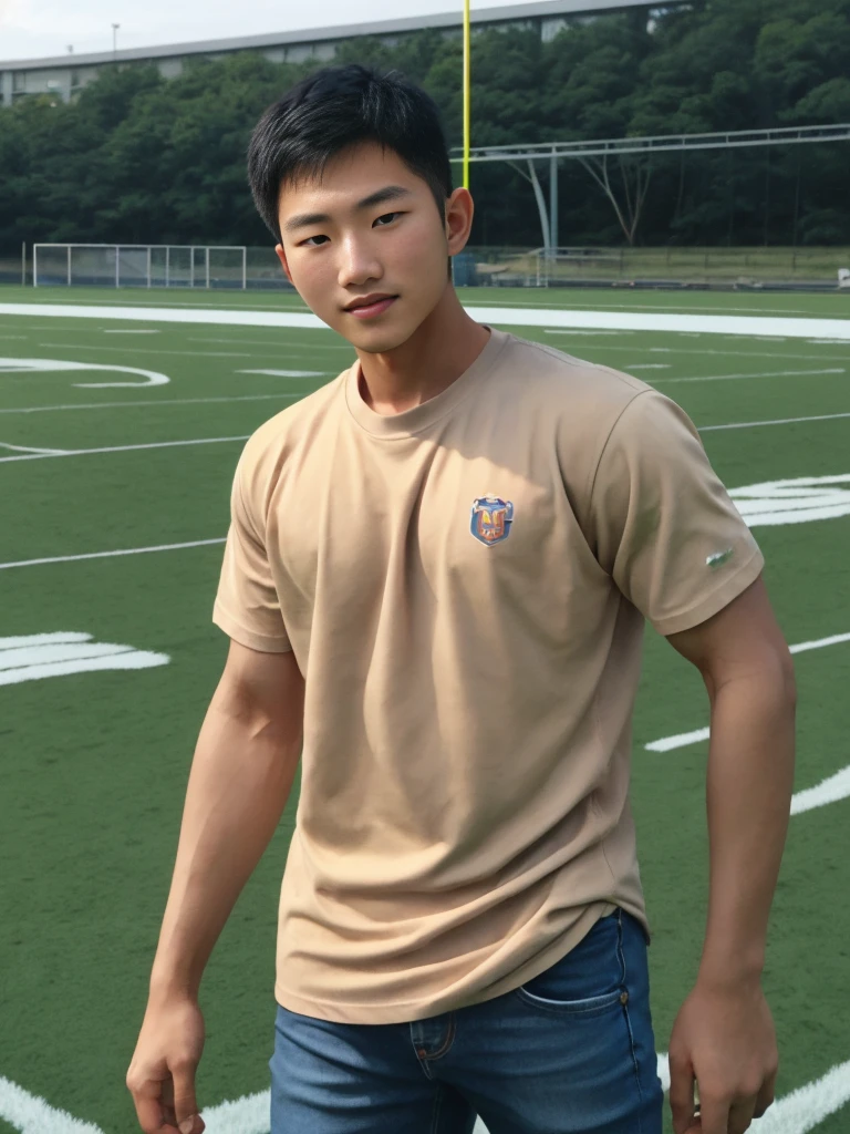 ((realistic daylight)) , Young Korean man in a simple brown t-shirt only, no pattern, denim shirt, and jeans., A handsome, muscular young Asian man looks at the camera.  , in the football field ,turn sideways