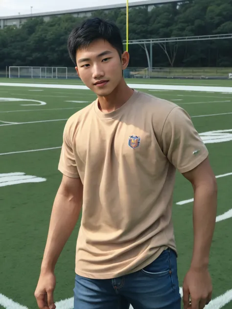 ((realistic daylight)) , young korean man in a simple brown t-shirt only, no pattern, denim shirt, and jeans., a handsome, muscu...