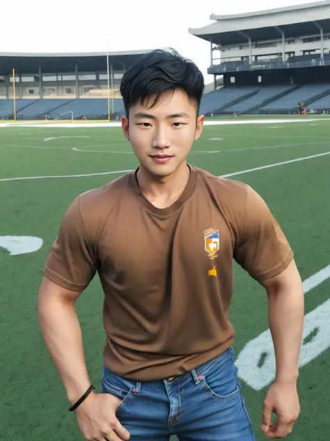 ((realistic daylight)) , young korean man in a simple brown t-shirt only, no pattern, denim shirt, and jeans., a handsome, muscu...