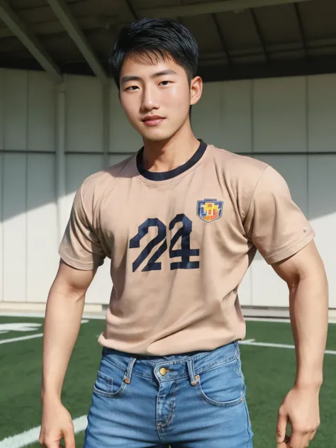 ((realistic daylight)) , young korean man in a simple brown t-shirt only, no pattern, denim shirt, and jeans., a handsome, muscu...