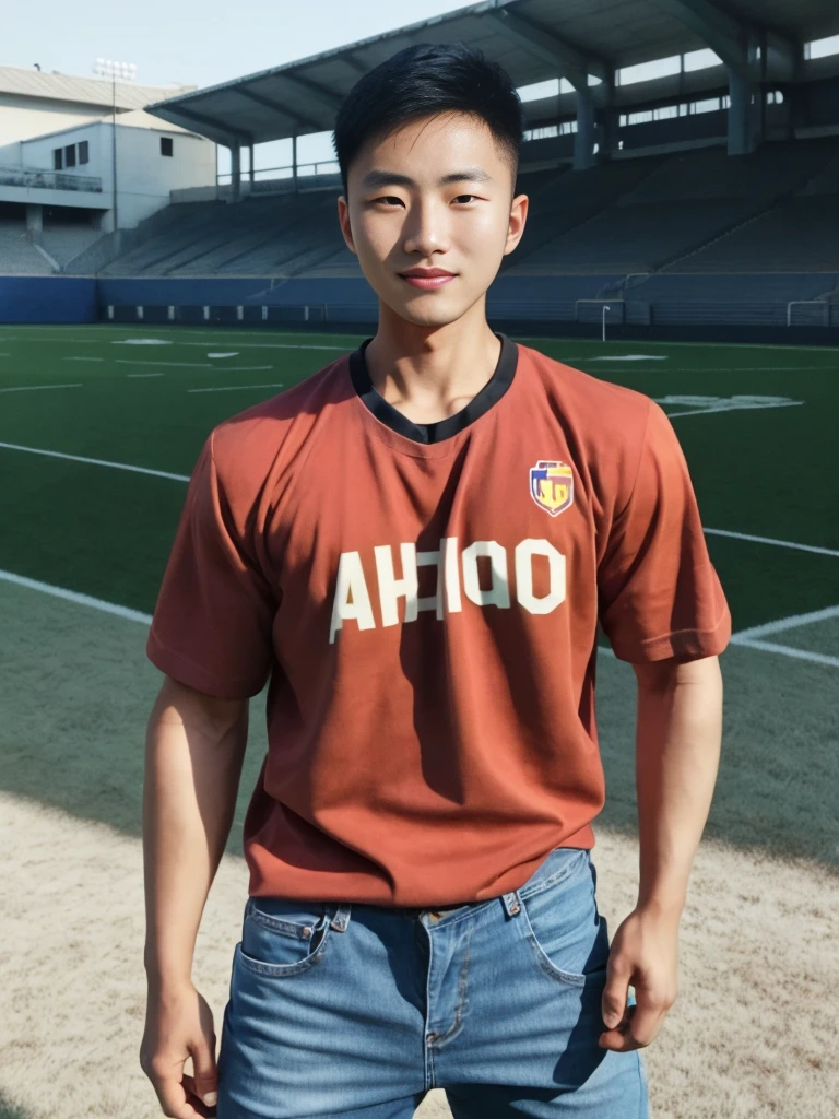 ((realistic daylight)) , Young Korean man in a simple brown t-shirt only, no pattern, denim shirt, and jeans., A handsome, muscular young Asian man looks at the camera.  , in the football field ,turn sideways