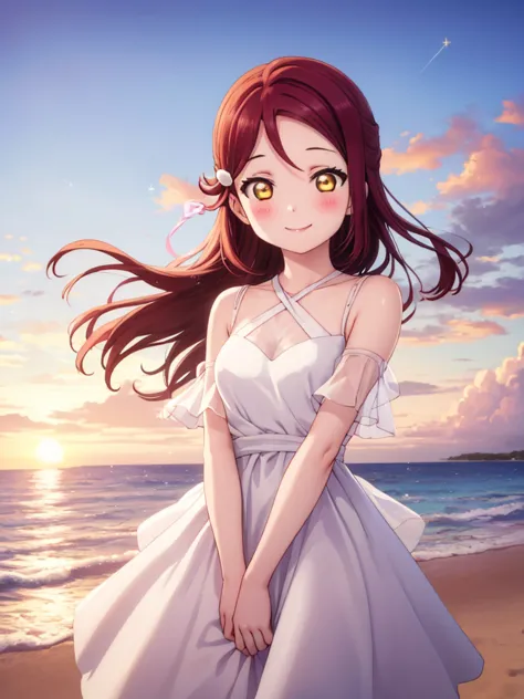 (masterpiece, highest quality), one girl,  riko sakurauchi、smile, blush, shiny hair, hair blowing in the wind, sparkle effect, b...