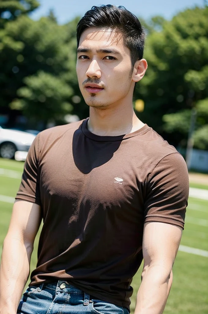 ((realistic daylight)) , Young Korean man in a simple brown t-shirt only, no pattern, denim shirt, and jeans., A handsome, muscular young Asian man looks at the camera.  , in the football field ,turn sideways