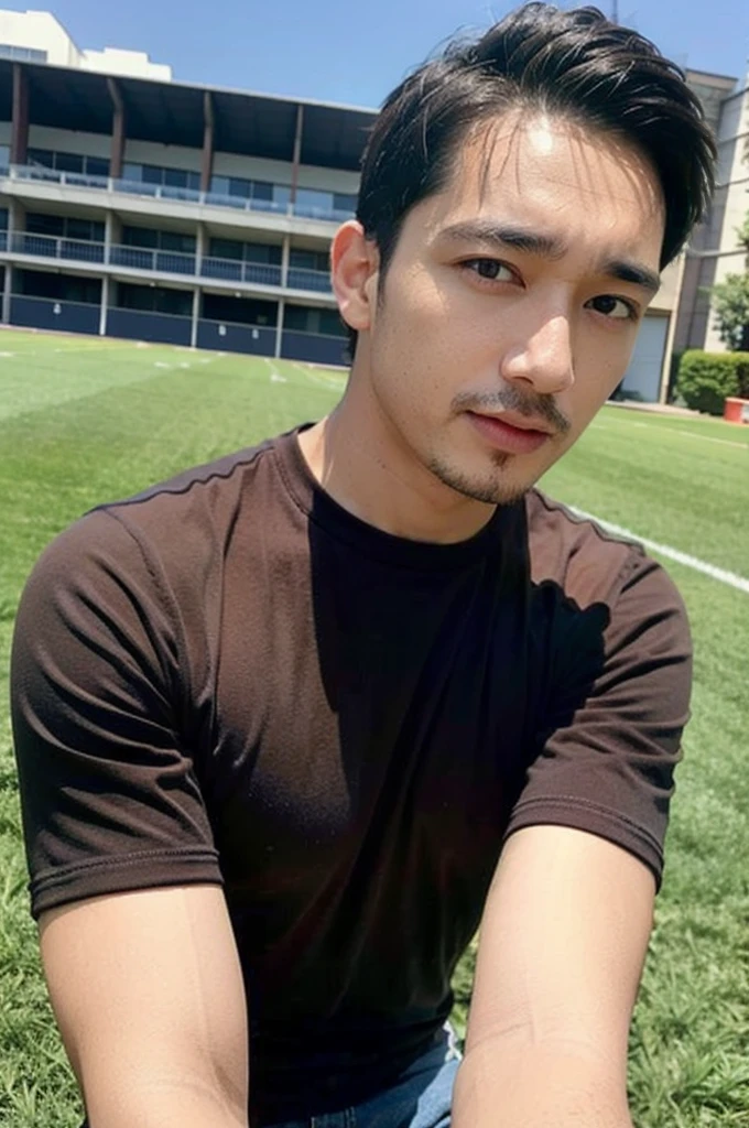 ((realistic daylight)) , Young Korean man in a simple brown t-shirt only, no pattern, denim shirt, and jeans., A handsome, muscular young Asian man looks at the camera.  , in the football field ,turn sideways