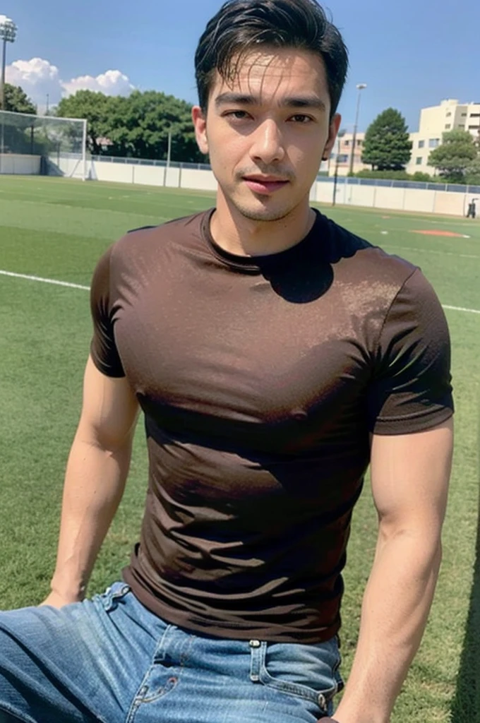 ((realistic daylight)) , Young Korean man in a simple brown t-shirt only, no pattern, denim shirt, and jeans., A handsome, muscular young Asian man looks at the camera.  , in the football field ,turn sideways