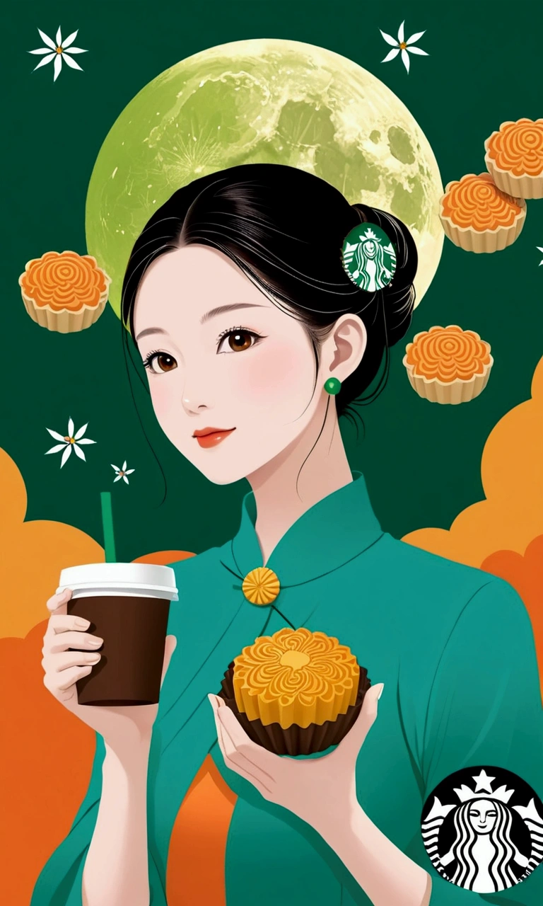 Mid-Autumn Festival poster design，girl，Cyan and Green，Starbucks mooncakes，moon，orange color，Fresh，romantic，Simplicity，Modern design