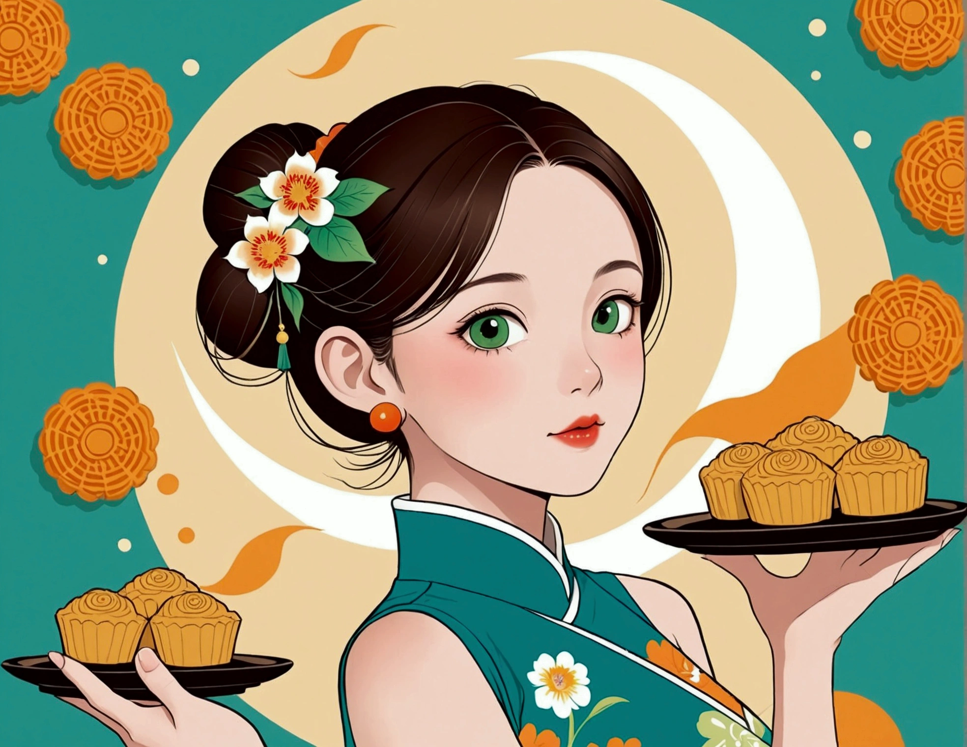 Mid-Autumn Festival poster design，girl，Cyan and Green，Starbucks mooncakes，moon，orange color，big eyes，Cute expression，Two hair buns，cheongsam，Cartoon，Fresh，romantic，Simplicity，Modern design