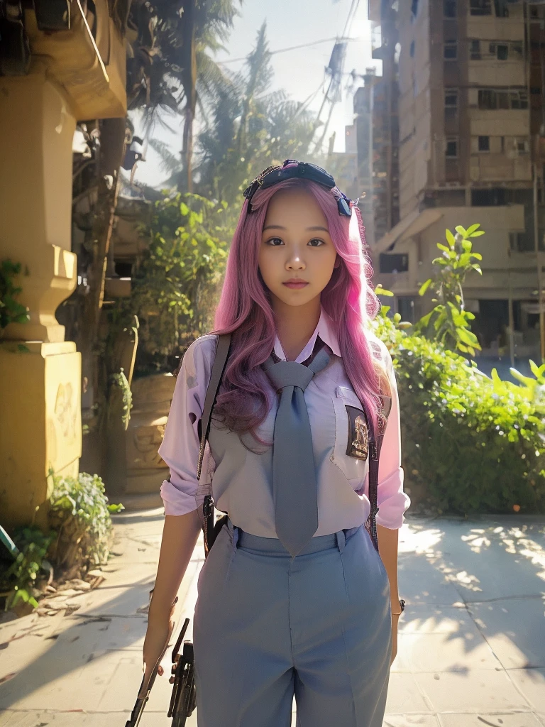 Masterpiece, beautiful 20 year old Indonesian woman in student uniform holding AK47 rifle, pink hair, long hair, wearing oversize uniform, natural big breast, show big thigh, plump body, detailed eyes, proud Indonesian female student, portrait of female student, female student portrait, beautiful female student, Indonesia, about a sniper girl in the war, holding a rifle AK47, holding a rifle, arms folded, portrait of a female city guard, standing in the middle of the city, portrait taken from below, portrait taken, by Arthur Sarkissian, face full of determination, with an AK47 rifle, with an AK47 rifle in hand, very high resolution .photorealistic: 1.4, UHD, beautiful city background,.