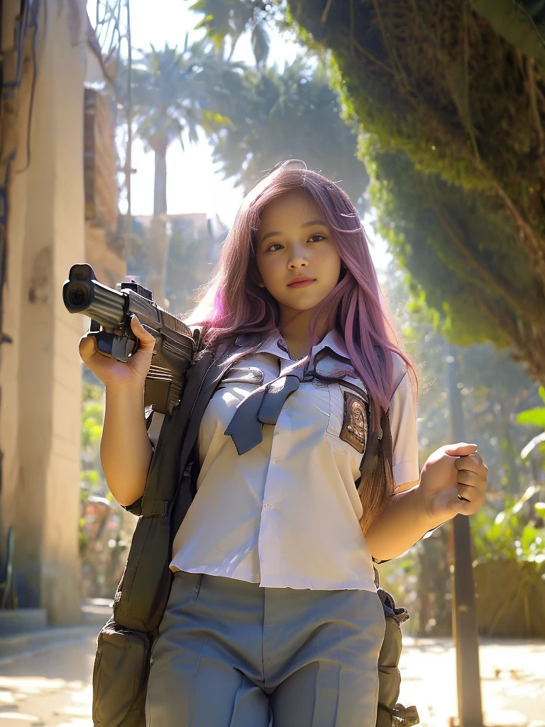 Masterpiece, beautiful 20 year old Indonesian woman in student uniform holding AK47 rifle, pink hair, long hair, wearing oversize uniform, natural big breast, show big thigh, plump body, detailed eyes, proud Indonesian female student, portrait of female student, female student portrait, beautiful female student, Indonesia, about a sniper girl in the war, holding a rifle AK47, holding a rifle, arms folded, portrait of a female city guard, standing in the middle of the city, portrait taken from below, portrait taken, by Arthur Sarkissian, face full of determination, with an AK47 rifle, with an AK47 rifle in hand, very high resolution .photorealistic: 1.4, UHD, beautiful city background,.