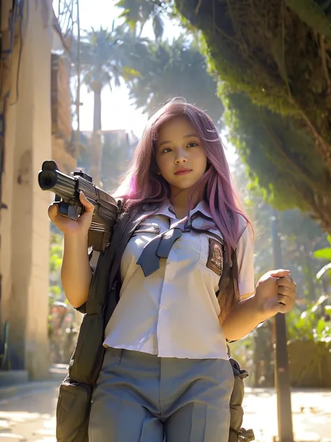 masterpiece, beautiful 20 year old indonesian woman in student uniform holding ak47 rifle, pink hair, long hair, wearing oversiz...