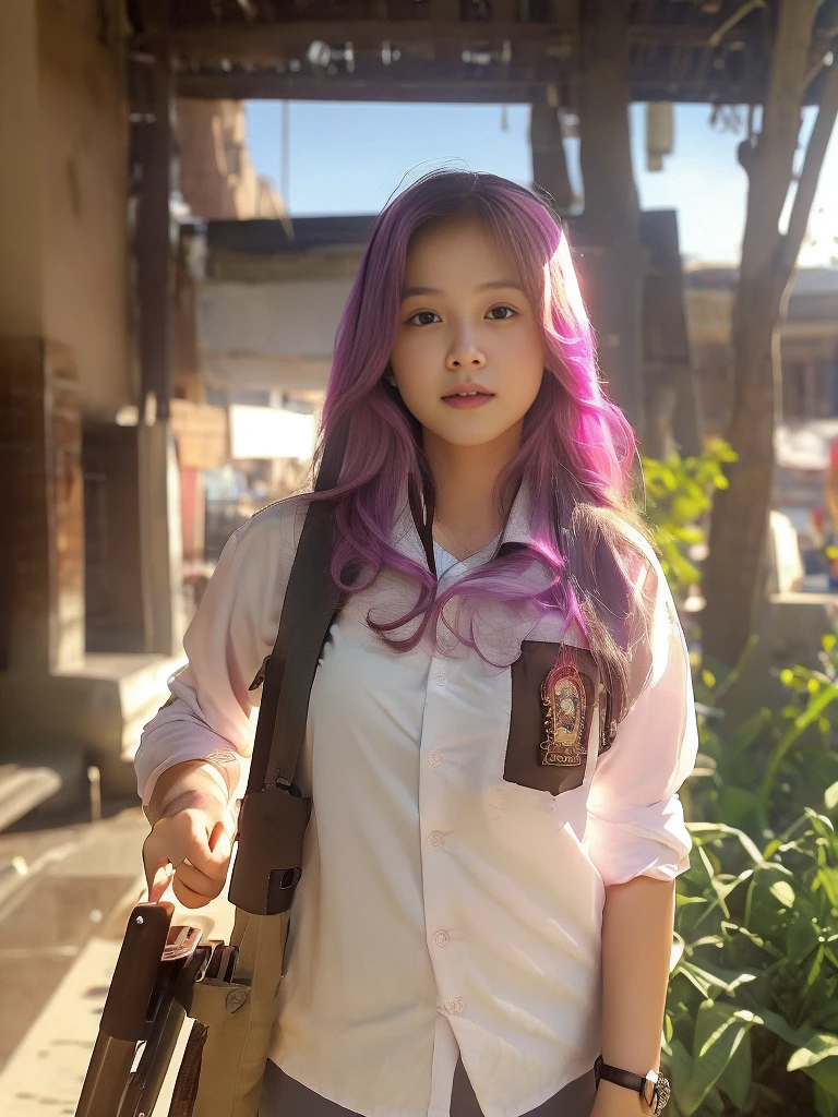 Masterpiece, beautiful 20 year old Indonesian woman in student uniform holding AK47 rifle, pink hair, long hair, wearing oversize uniform, natural big breast, show big thigh, plump body, detailed eyes, proud Indonesian female student, portrait of female student, female student portrait, beautiful female student, Indonesia, about a sniper girl in the war, holding a rifle AK47, holding a rifle, arms folded, portrait of a female city guard, standing in the middle of the city, portrait taken from below, portrait taken, by Arthur Sarkissian, face full of determination, with an AK47 rifle, with an AK47 rifle in hand, very high resolution .photorealistic: 1.4, UHD, beautiful city background,.