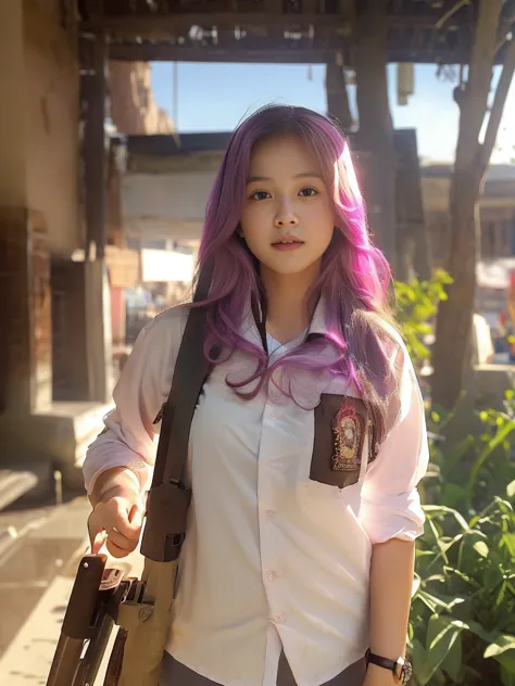 masterpiece, beautiful 20 year old indonesian woman in student uniform holding ak47 rifle, pink hair, long hair, wearing oversiz...