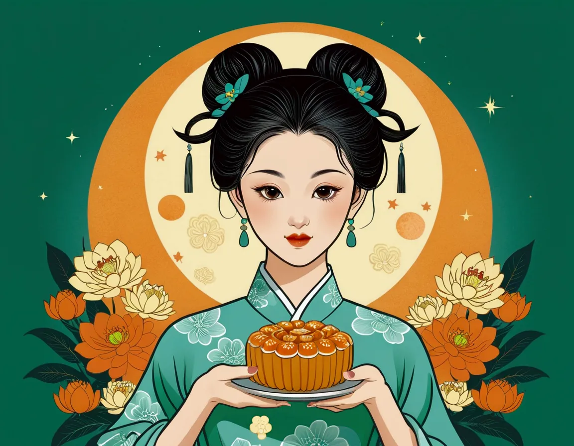 mid-autumn festival poster design，girl，cyan and green，starbucks mooncakes，moon，orange color，big eyes，cute expression，two hair bu...