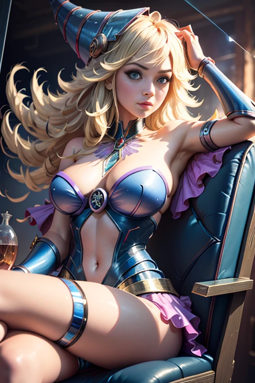 NSFW dark magician girl, glass cover, Upper part of the body, Side shot, Alternative color, Masterpiece, Detailed illustration, realist, Pixiv Top Quality, exquisite, {{{Cute 1dark magician girl}}}, Super beauty merging with the machine., Elaborate shabby chic pattern, Beautiful and bright woman, Half my body is made of machine., Transparent glass body, The inner machine is transparent., cinematic lighting, dynamic angle, dynamic pose, Crystal World, depth of field. Magic macaw at the bottom. magical hearts that show your body from head to toe, sit on the throne, sexy crossed legs, blonde hair