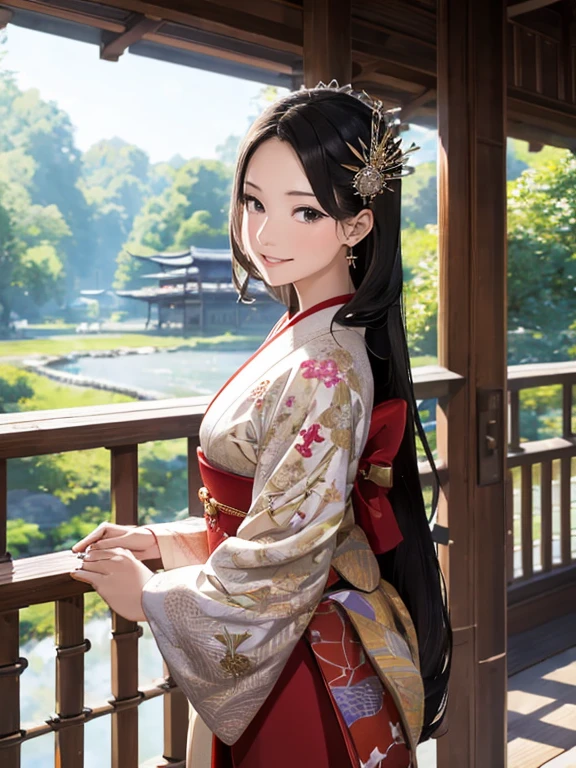 (de la máxima calidad、 fondo de pantalla 8k、obra maestra、Alta resolución)、Colores vibrantes、El cuento del cortador de bambú、El cuento de la princesa Kaguya、Mujer elegante y hermosa con pelo largo y negro.、Una mirada amable、Sonrisa en los labios、Trajes tradicionales de Japón.、12 disfraz de una sola capa、todo el cuerpo、antecedentes detallados、(Bambú alto, Cielo estrellado y luna llena)、Arte digital detallado、