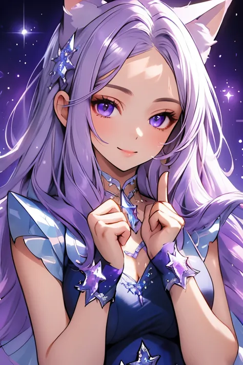 ((best quality)), ((masterpiece)), (detailed), detailed eyes, detailed hands, close up image of her face, female, light purple h...