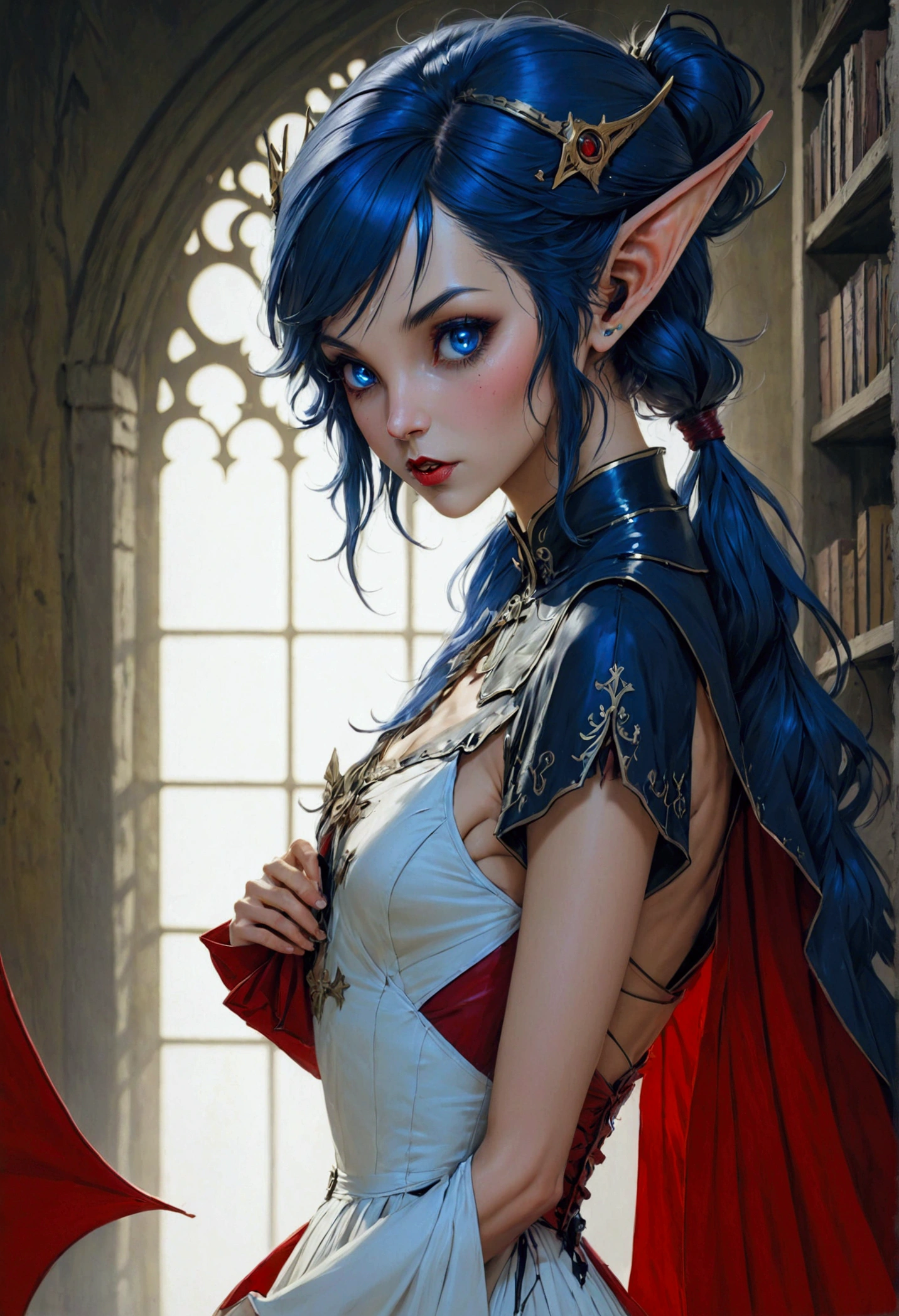 arafed a picture of elf vampire in her castle. an exquisite beautiful female elf vampire (ultra details, Masterpiece, best quality), bloody mouth, blue hair, pale skin, hair in a ponytail, long hair, blue eyes, small pointed ears, cold eyes, smirking, wearing white dress (ultra details, Masterpiece, best quality), red cloak, in dark fantasy library, book shelves, arafed high details, best quality, 16k, [ultra detailed], masterpiece, best quality, (ultra detailed), full body, ultra wide shot, photorealism, RAW, dark fantasy art, gothic art, ArmoredDress, Dark Novel, Dark Art Painting Style, dripping blood, goth person, wearing Haute_Couture designer dress