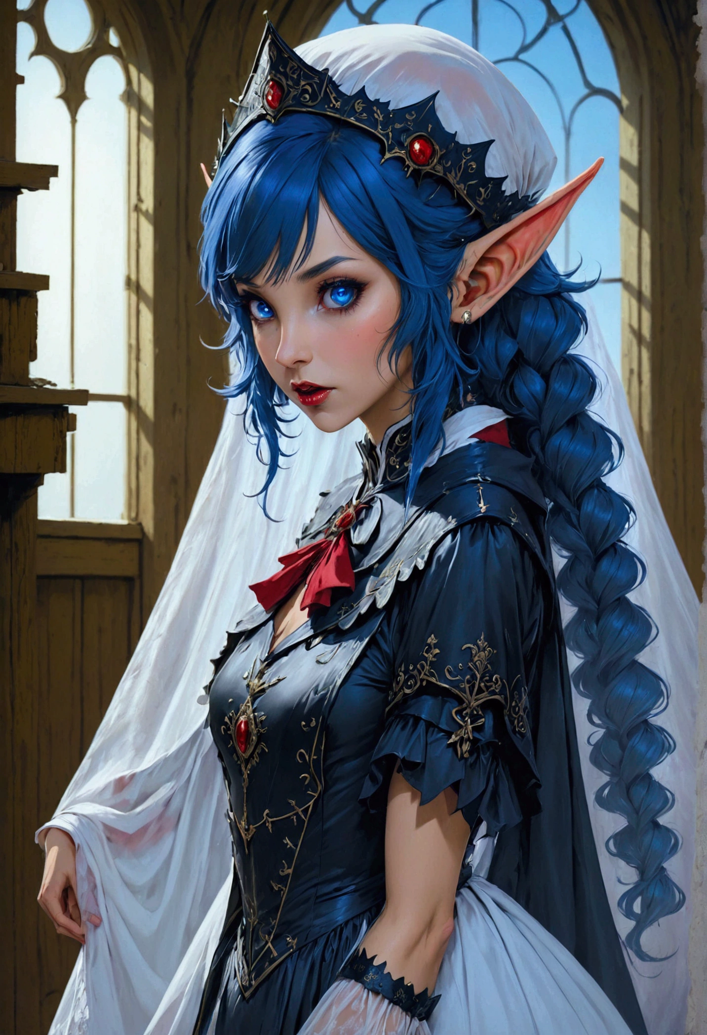 arafed a picture of elf vampire in her castle. an exquisite beautiful female elf vampire (ultra details, Masterpiece, best quality), bloody mouth, blue hair, pale skin, hair in a ponytail, long hair, blue eyes, small pointed ears, cold eyes, smirking, wearing white dress (ultra details, Masterpiece, best quality), red cloak, in dark fantasy library, book shelves, arafed high details, best quality, 16k, [ultra detailed], masterpiece, best quality, (ultra detailed), full body, ultra wide shot, photorealism, RAW, dark fantasy art, gothic art, ArmoredDress, Dark Novel, Dark Art Painting Style, dripping blood, goth person, wearing Haute_Couture designer dress