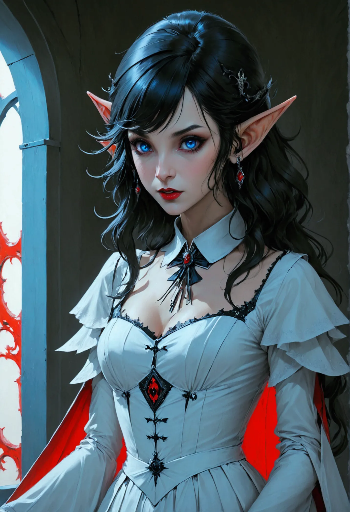 arafed a picture of elf vampire in her castle. an exquisite beautiful female elf vampire (ultra details, masterpiece, best quali...