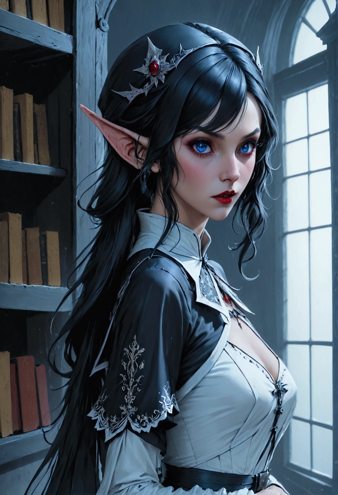 arafed a picture of elf vampire in her castle. an exquisite beautiful female elf vampire (ultra details, Masterpiece, best quality), bloody mouth, black hair, pale skin, hair in a ponytail, long hair, blue eyes, small pointed ears, cold eyes, smirking, wearing white dress (ultra details, Masterpiece, best quality), red cloak, in dark fantasy library, book shelves, arafed high details, best quality, 16k, [ultra detailed], masterpiece, best quality, (ultra detailed), full body, ultra wide shot, photorealism, RAW, dark fantasy art, gothic art, ArmoredDress, Dark Novel, Dark Art Painting Style, dripping blood, goth person, wearing Haute_Couture designer dress